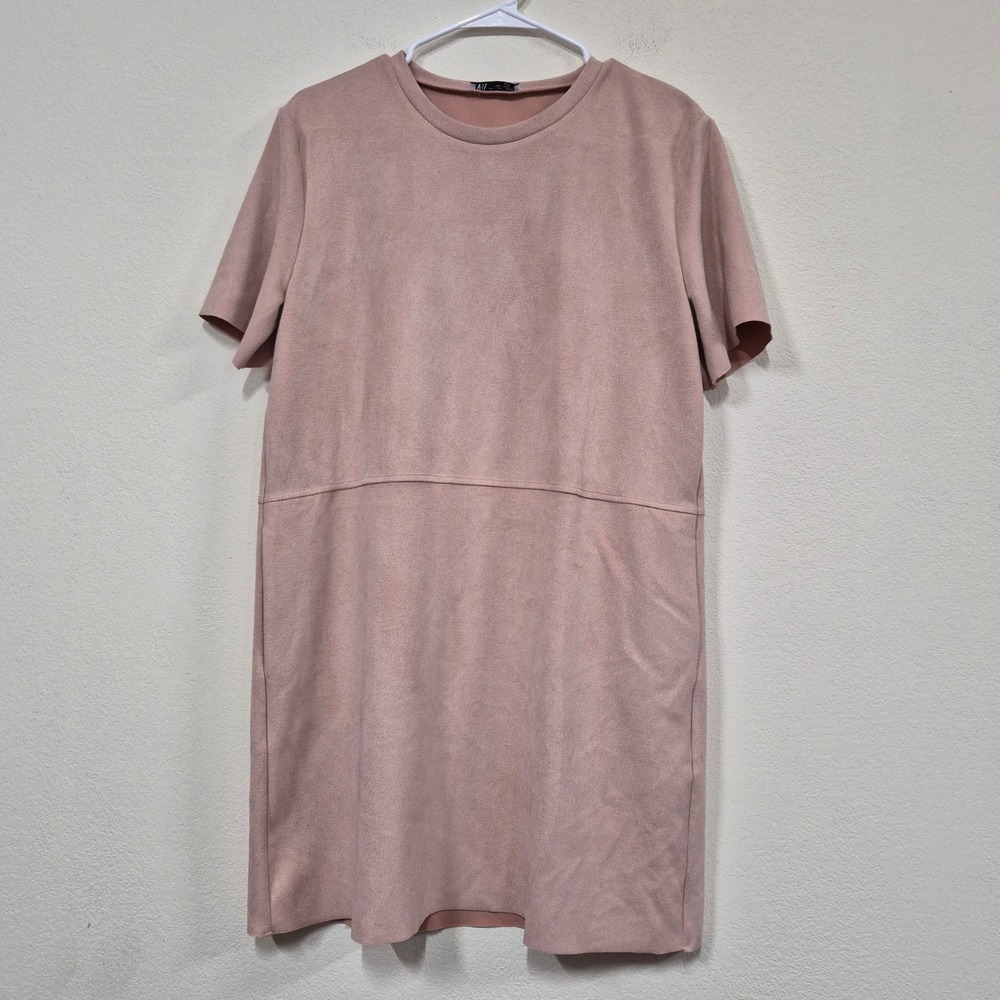 Zara Faux Suede Shift Dress L Blush Pink Short Sleeve Pockets Minimalist